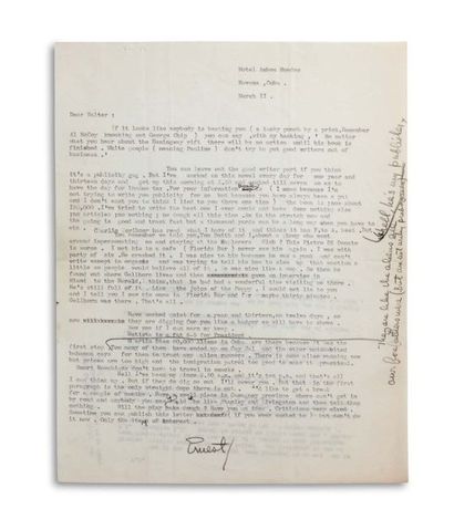 HEMINGWAY ERNEST (1899-1961). Signed letter, signed « Ernest », with autograph additions,...