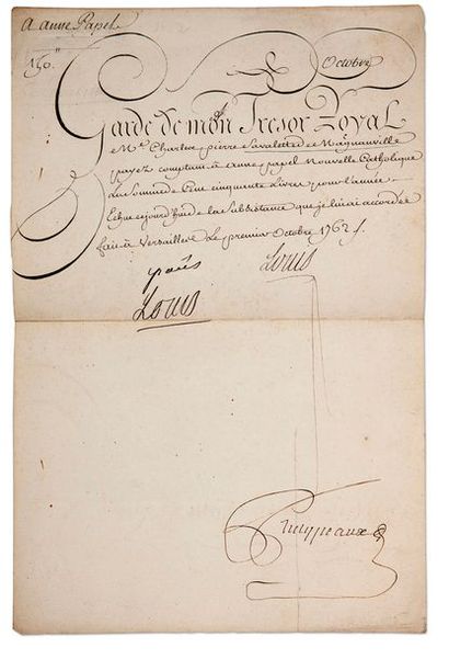 LOUIS XV (1710-1774) Roi de France P.S. avec un mot autographe «paiés Louis», Versailles...