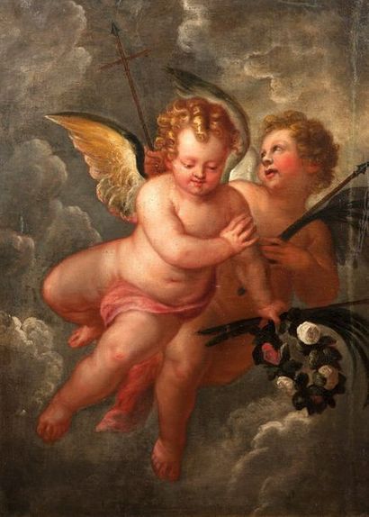 ECOLE BOLONAISE VERS 1650, SUIVEUR DE L'ALBANE Deux anges avec la palme des martyrs...
