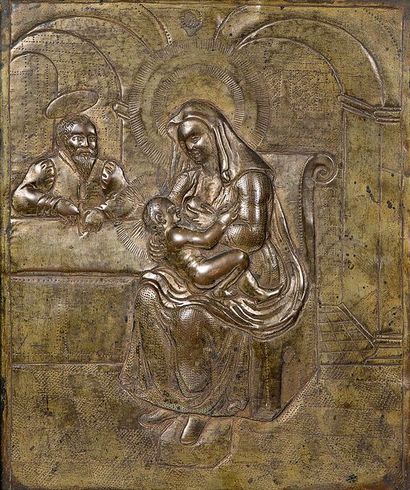 École FRANÇAISE du XVIe siècle Vierge à l'enfant allaitant
Plaque en cuivre repoussé...