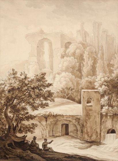 ÉCOLE FRANÇAISE, XIXe siècle ø Paysage aux ruines
Encre et lavis 33,5 x 24 cm