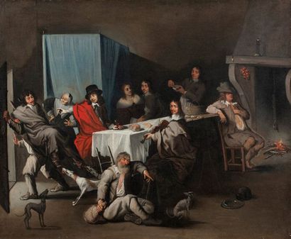 ECOLE DE PARIS VERS 1645, ENTOURAGE DES FRERES LE NAIN Bambochade ou Le Dîner
Huile...