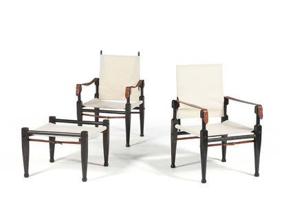 BERNARD MARSTALLER Suite of 2 armchairs and an ottoman
Wood, canvas, leather
90 x...