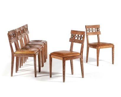 TRAVAIL FRANÇAIS Suite of 6 chairs
Oak, leather, rope
80 x 47 x 45 cm.