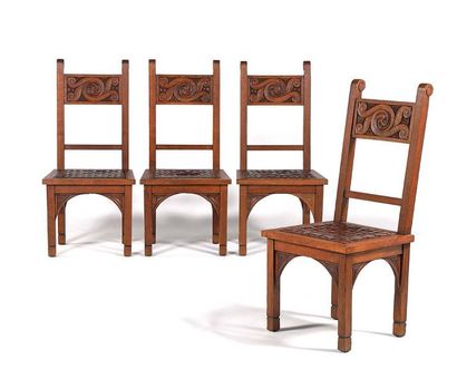 JACQUES PHILIPPE (1896-1958) 
Suite of 4 chairs
Oak, leather
104 x 50 x 50 cm.
1...