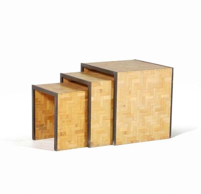 TOMMASO BARBI (XX) 
Suite of 3 nesting tables
Brass, metal, bamboo
42 x 40 x 40 cm;...