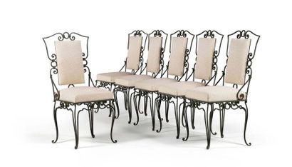 JEAN CHARLES MOREUX (1889-1956) ATTRIBUE A Suite de 6 chaises
Fer, toile de coton
97...