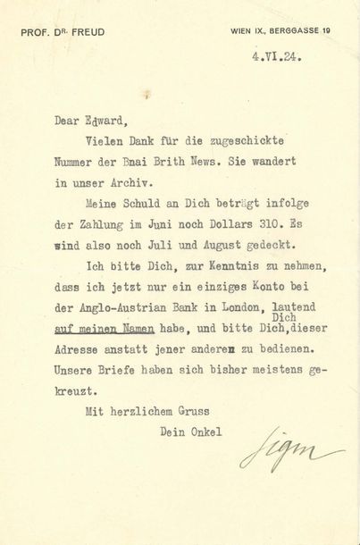 FREUD Sigmund (1856-1939) 
L.S. "Sigm", Vienna, June 4, 1924, to his nephew Edward;...