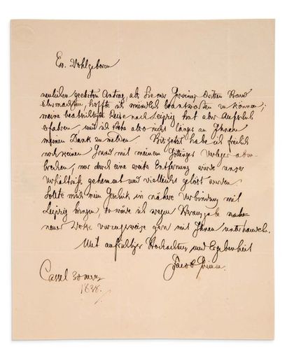 GRIMM JACOB (1785-1863) 
L.A.S. «Jacob Grimm», Cassel 30 mars 1838, à Wilhelm
ENGELMANN,...