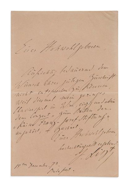LISZT Franz (1811-1886) 
L.A.S. «F. Liszt», Budapest 15 décembre 1873; 1 page in-8;...