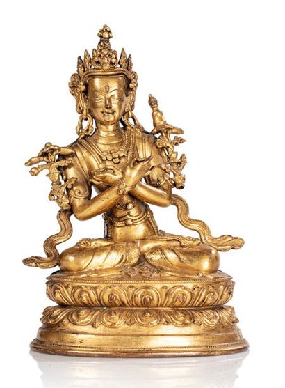 CHINE XVIIIe siècle Statuette en bronze doré, représentant la Tara blanche assise...