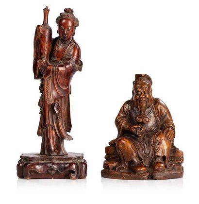 Chine XIXe siècle Set of two objects, one in bamboo representing a wise man with...