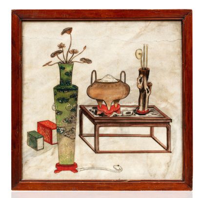 Chine XIXe siècle Grand panneau en albâtre, à décor polychrome biface d'objets mobiliers,...