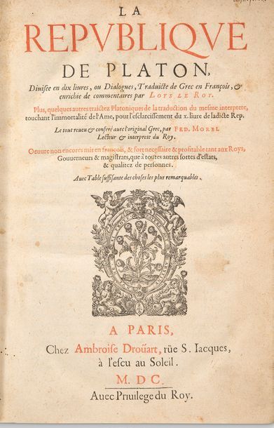 PLATON La République. Paris, Ambroise Drouart, 1600. In-folio, veau aubergine, double...