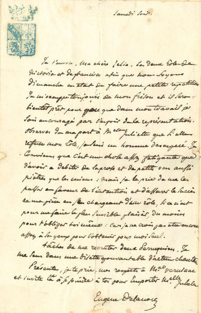 DELACROIX Eugène (1798-1863) 
L.A.S. Samedi soir [verst 1820], à sa cousine Zélie...