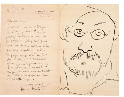 MATISSE HENRI (1869-1954). L.A.S. «Henri-Matisse» avec DESSIN, Issy-les-Moulineaux...