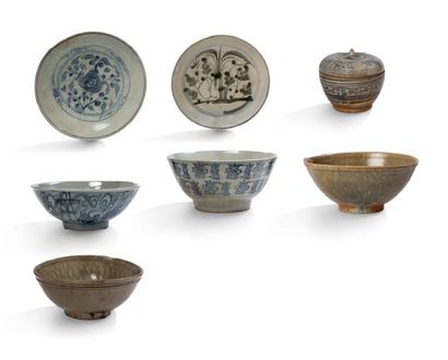 CHINE XVIIe-XVIIIe-XIXe SIÈCLE Lot de sept objets en céramique, dont deux coupes...