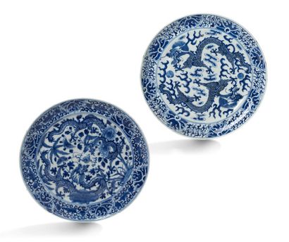CHINE début XXe siècle Two porcelain plates, decorated in blue with dragons chasing...