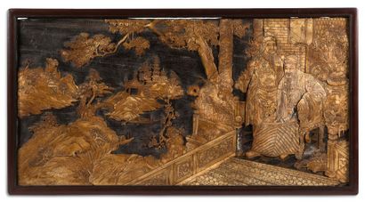 CHINE FIN XIXE SIÈCLE Grand panneau en bois à décor appliqué en os sculpté, gravé...
