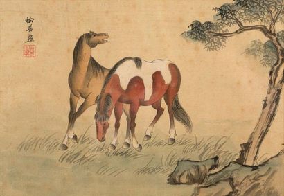 CHINE XXe siècle Peinture à l'encre et couleurs légères sur soie représentant un...