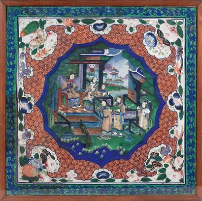 CHINE Canton, XIXe siècle Gouache painting on paper, square in shape, depicting in...