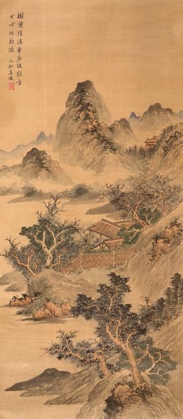 CHINE XXe siècle Rouleau vertical, couleurs et encre sur soie, représentant un paysage...