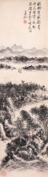 CHINE XXe siècle Vertical roll painting, in ink on paper, depicting a lake landscape,...