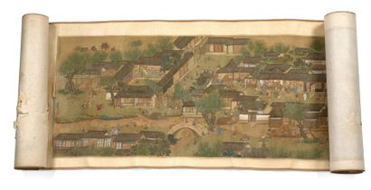 CHINE début XXe siècle Grand rouleau horizontal, encre et couleurs sur soie, copie...
