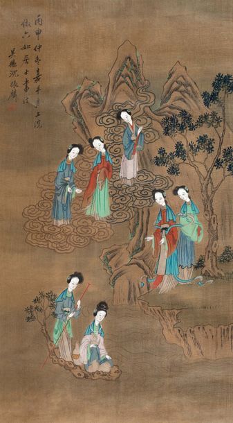 CHINE XXe siècle Set of two large ink and colour paintings on linen, depicting one...