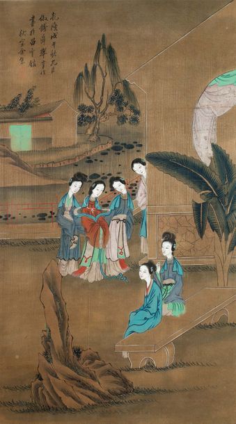 CHINE XXe siècle Ensemble de deux grandes peintures à l'encre et couleurs sur lin,...