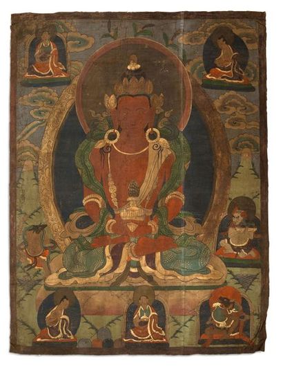TIBET XIXe siècle Grand Tangka représentant bodhisattva tenant entre ses deux mains...