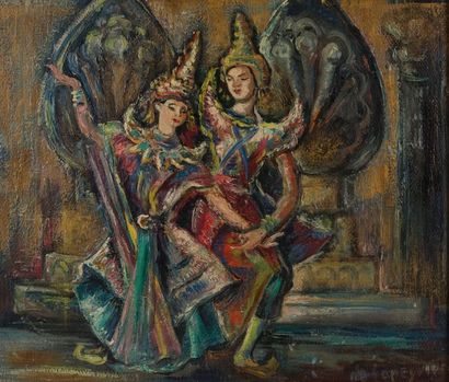 CAMBODGE MILIEU XXe SIÈCLE Huile sur toile, représentant deux danseuses cambodgiennes....
