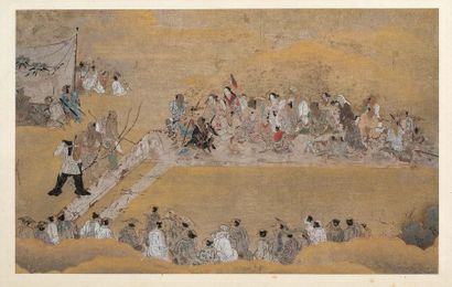 JAPON XIXE SIECLE Deux peintures dans le style du XVIIe siècle, fragments de makemono,...