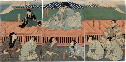 JAPON PÉRIODE EDO, MILIEU XIXe SIÈCLE TOYOKUNI III (1786-1865): lot de trois triptyques...