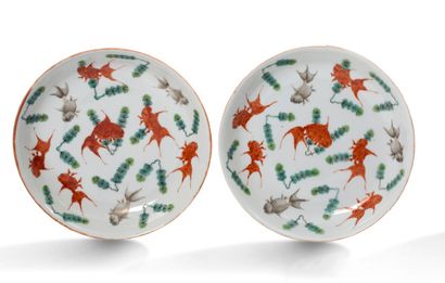 Chine XIXe siècle Paire d'assiettes en porcelaine à décor corail, gris et vert, de...