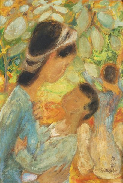 Le Pho (1907-2001) Maternité n°248
Huile, encre et couleurs sur soie, signée en bas...