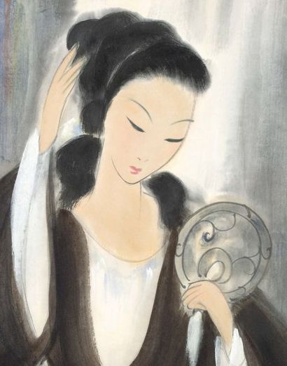LIN FENGMIAN (1900-1991) Femme au miroir
Encre et couleurs sur papier, signée  et...