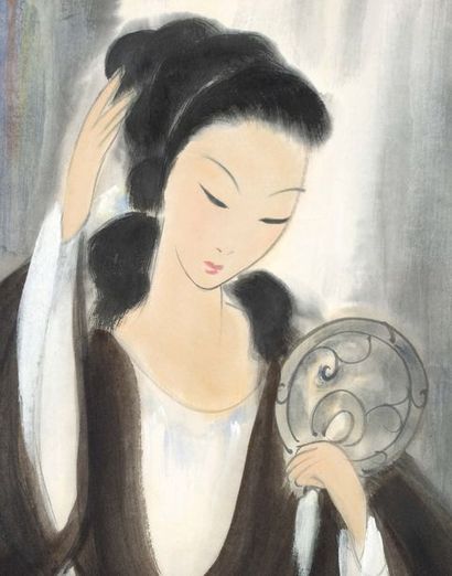 LIN FENGMIAN (1900-1991) Femme au miroir
Ink and color on paper, signed and stamped...