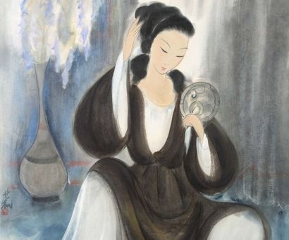 LIN FENGMIAN (1900-1991) Femme au miroir
Ink and color on paper, signed and stamped...