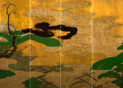 NGUYEN VAN MINH (1930-2014) Landscape, 1986 Laque et réhaults d’or, signée et datée...