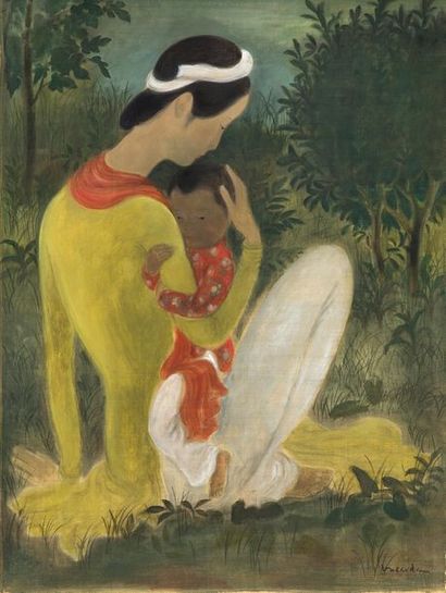 VU CAO DAM (1908-2000) Maternité
Encre et couleurs sur soie, signée en bas à droite
65...