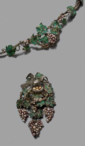 Attribué à FROMENT MEURICE Brooch and bracelet set. Enamel, fine pearls, silver (
<800),...