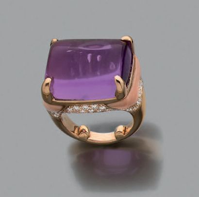 BULGARI Amethyst ring, diamonds, coral, 18k (750) pink gold. Signed
Td: 48 - Pb:...