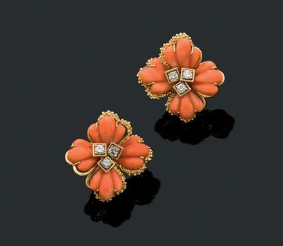 MAUBOUSSIN Pair of "flower" ear designs. Coral, diamonds, 18k gold (750) and platinum...