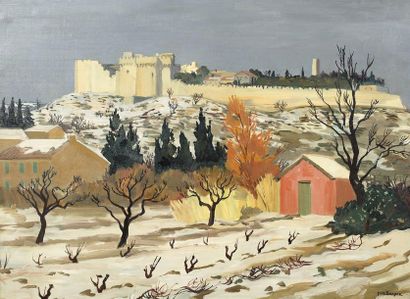 Yves BRAYER (1907-1990) Le fort de Villeneuve-les-Avignons sous la neige, 1962 Huile...