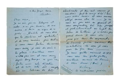 KISLING Moïse (1891-1953) 
Autograph letter signed "Kisling the unfortunate Parisian"...