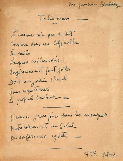 PICABIA Francis (1879-1953) 
Talisman, autograph poem signed.
Circa 1918, 1 page...