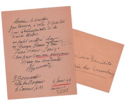 BONNARD Pierre (1867-1947) 
Lettre autographe signée adressée à Léonce BÉNÉDITÉ.
Le...