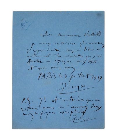 PICASSO Pablo (1881-1973) 
Lettre autographe signée adressée à Ambroise VOLLARD.
Paris,...