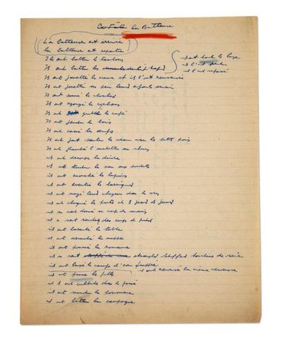 PREVERT Jacques (1900-1977) 
The Drummer, autograph poem.
Circa 1945, 2 and a half...